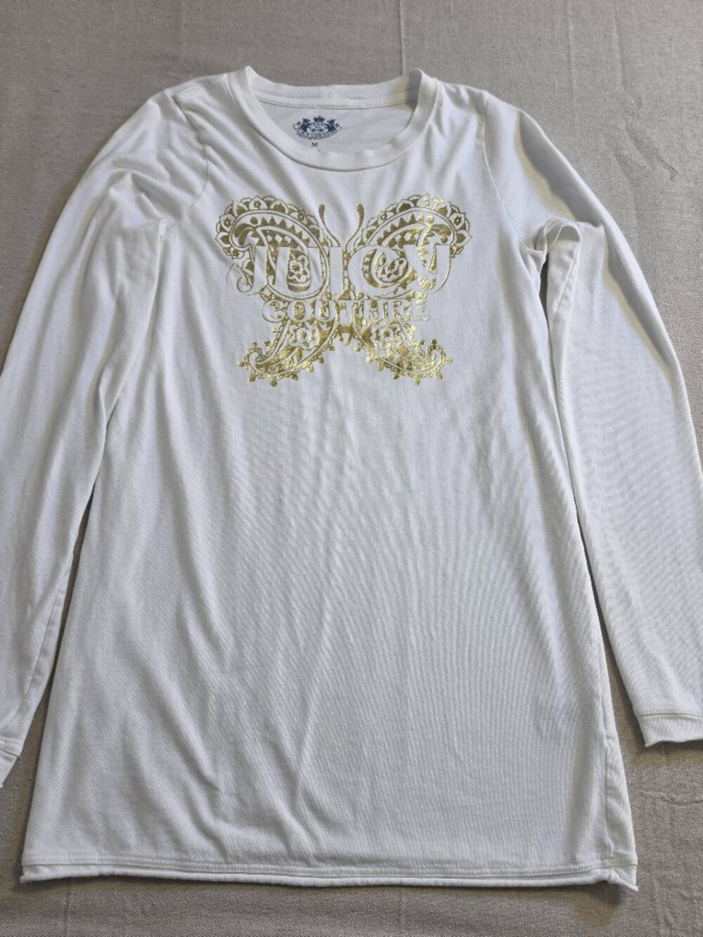 Juicy Couture Tunic Long Sleeve White Gold Graphic Butterfly Logo Women's M
